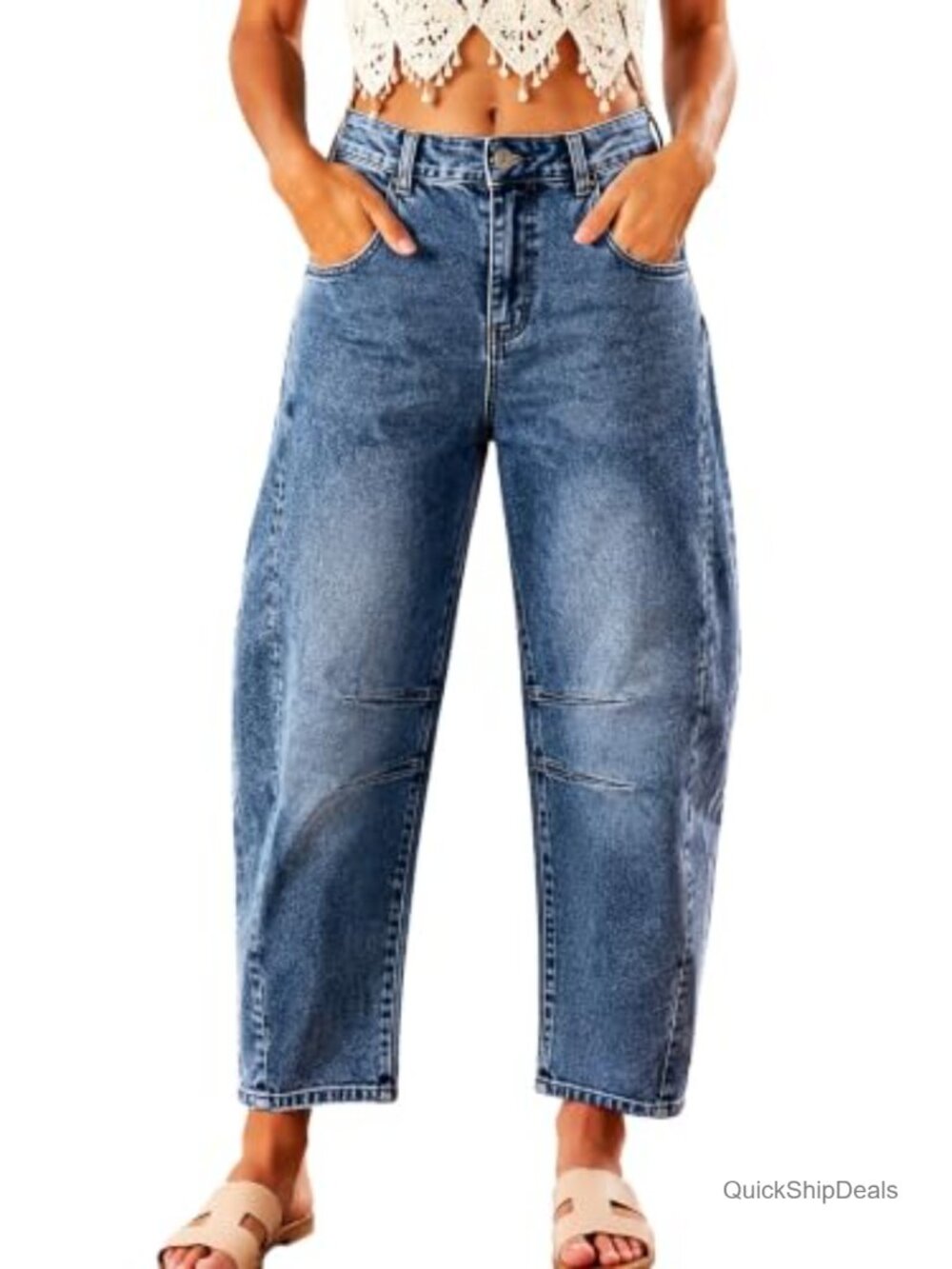 High Waisted Stretch Barrel Leg Cropped Ankle Jeans